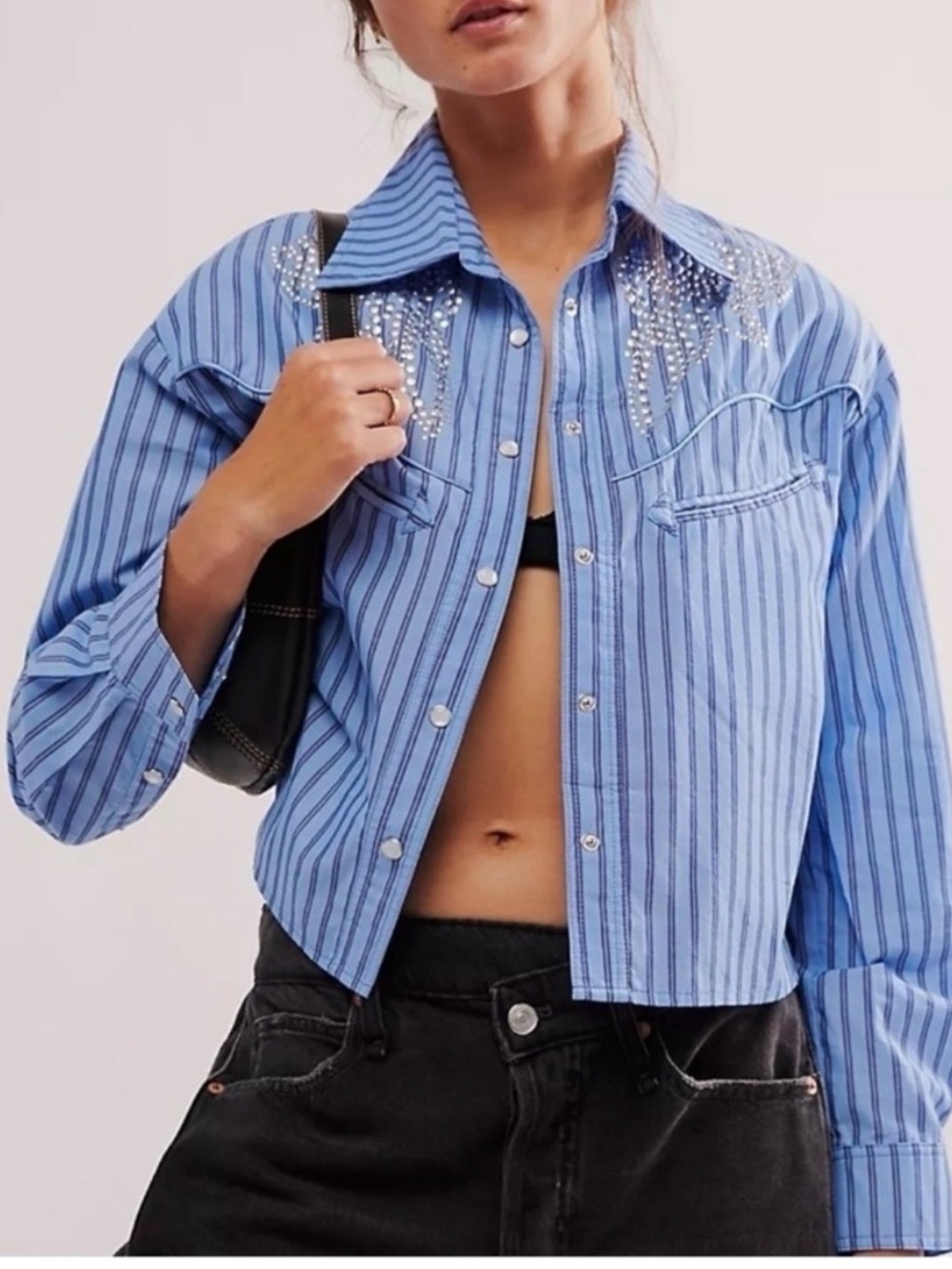 FREE PEOPLE X UNDERSTOOD LEATHER EMBELLISHED BLUE STRIPED BUTTON-DOWN